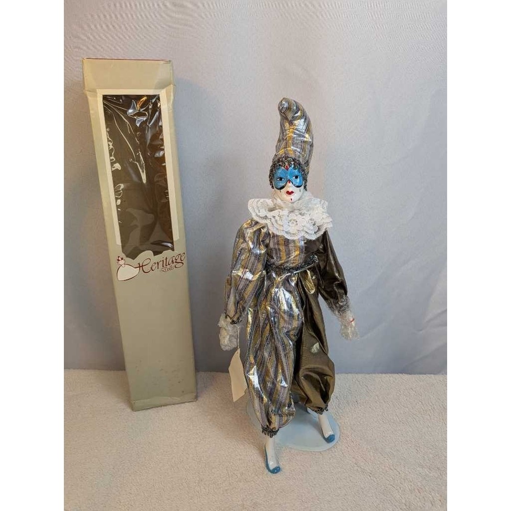 Heritage Dolls Pierrot Harlequin Clown Porcelain Doll Collectible Display